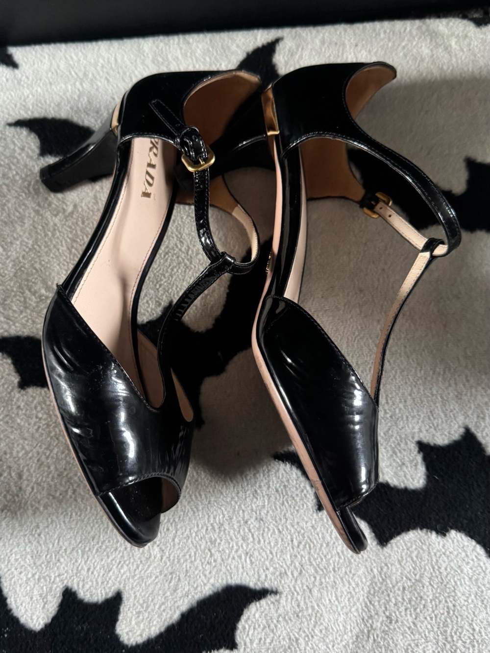 Prada Black Patent Leather T-Strap Peep Toe Heels - Picture 4 of 8